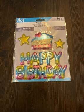 Jot 4pc Jumbo Puffy Rainbow Foil Happy Birthday Stickers with Cake and Stars